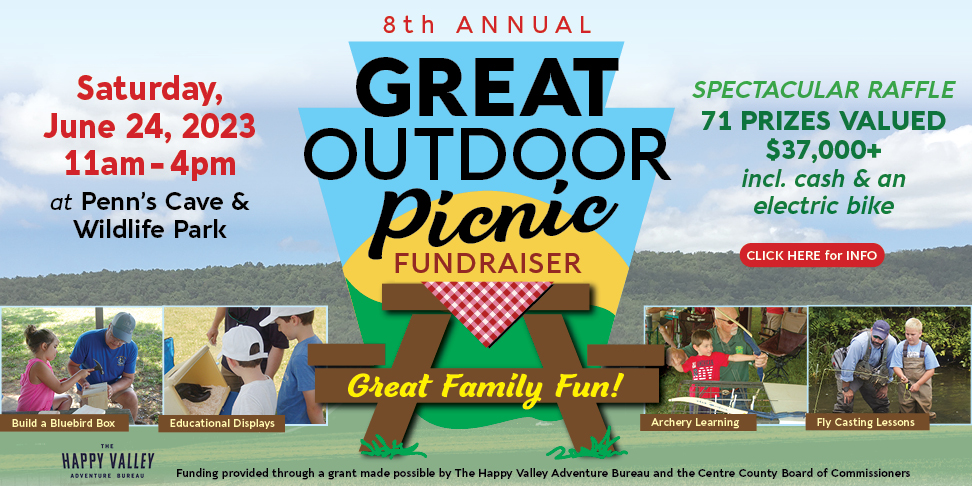 Announcement for the 8th annual Great Outdoor Picnic fundraiser for Wildlife for Everyone Saturday June 24, 2023 from 11am to 4pm at Penns Cave